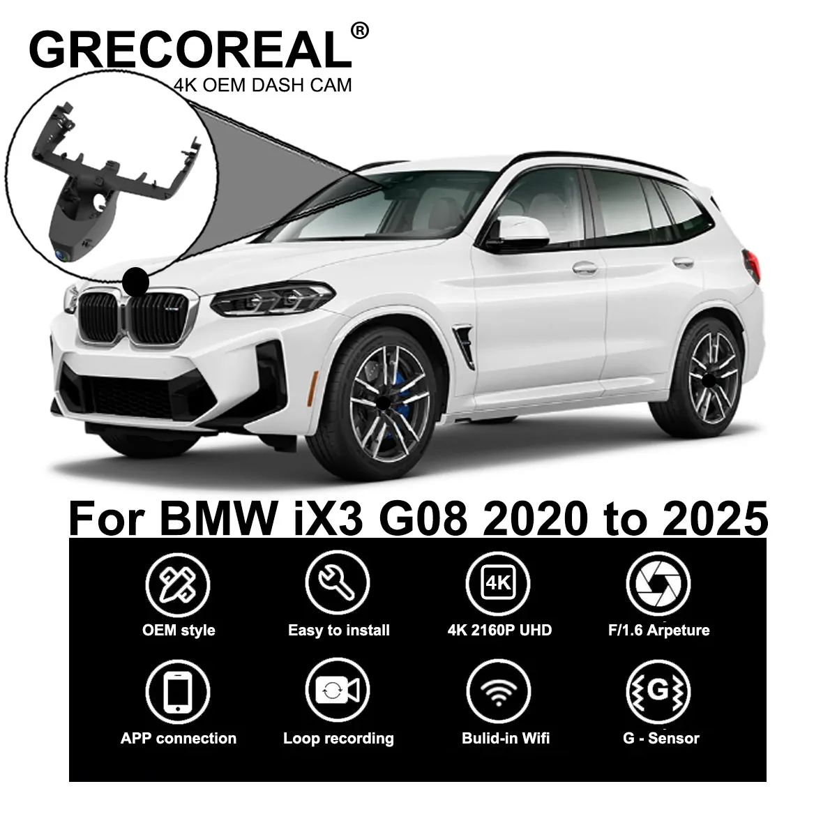 

GRECOREAL 4K Dash Cam Front and Rear 2160P WiFi Car Dual Dashcam APP Control Easy Install Plug Play Compatible with BMW iX3 G08