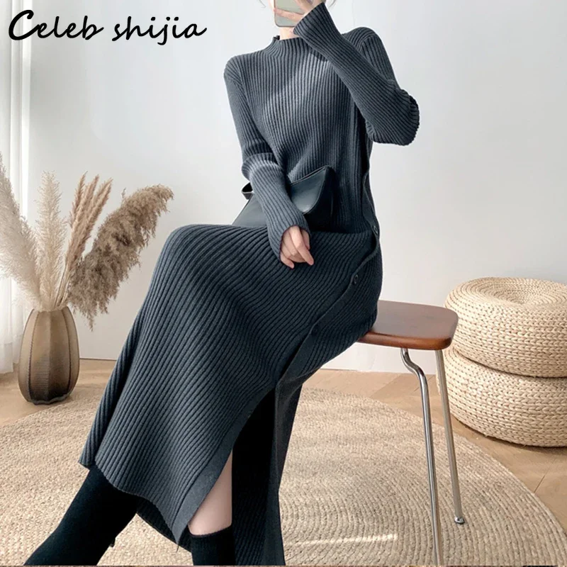 

Side Split Knitting Dress Woman High Collar Winter New Gray Chic Elegant Long Sweater Dresses Korean Single Breasted Knitwear