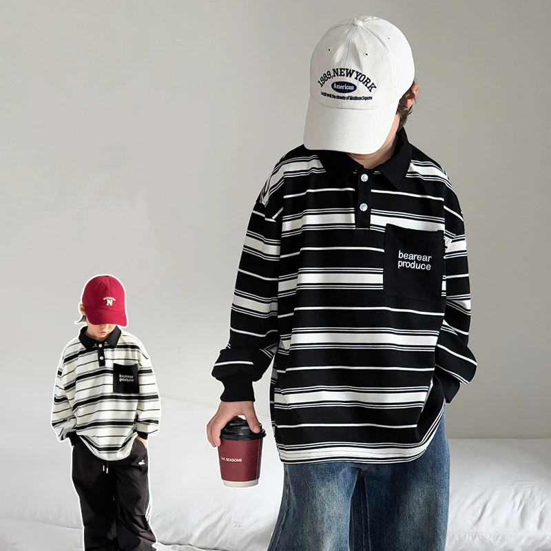 

New Autumn Children Loose Casual Cotton Striped Polo Shirt for Teenage Boys Fashion Long Sleeve T-shirt Baby Kids Spring Tee Top