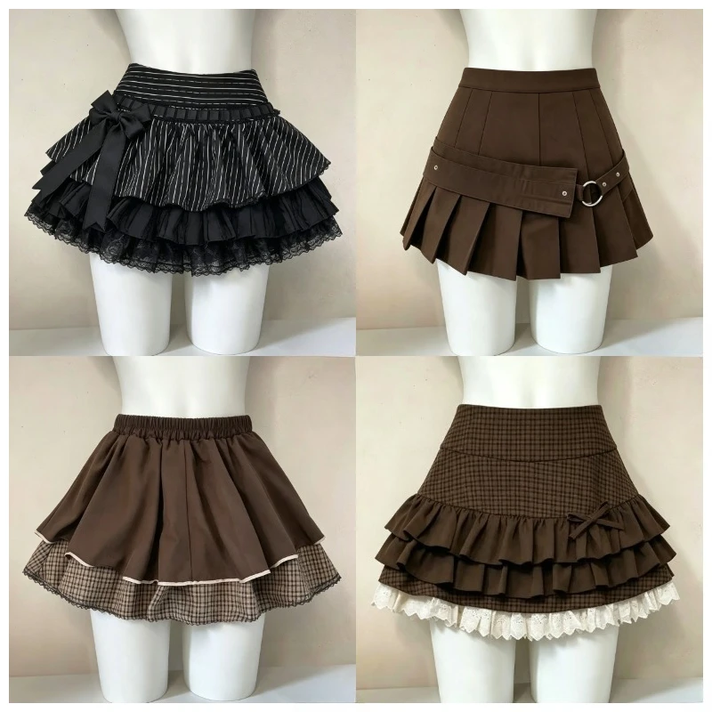 Women Y2K Vintage Harajuku Mini Skirt Kawaii Lolita Princess Cake Skirt Soft Ruffle Detail Streetwear Daily Simple Chic Clothing