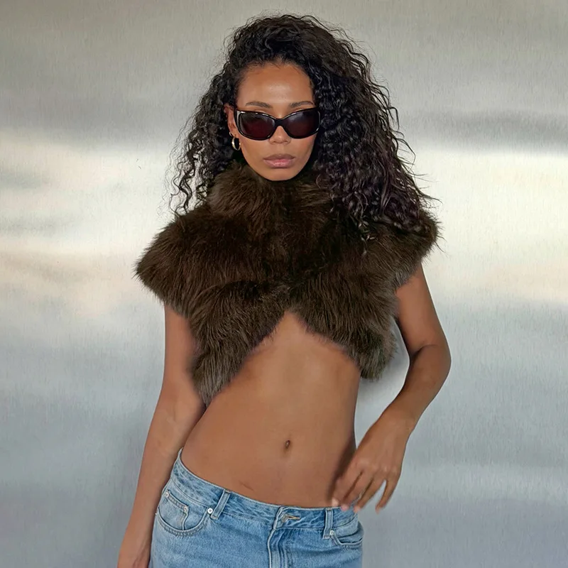 Women Fashion Solid Faux Fur Vests Stand Collar Short Sleeve Casual Short Coat Warm Furry Jackets Crop Tops Streetwear Outerwear