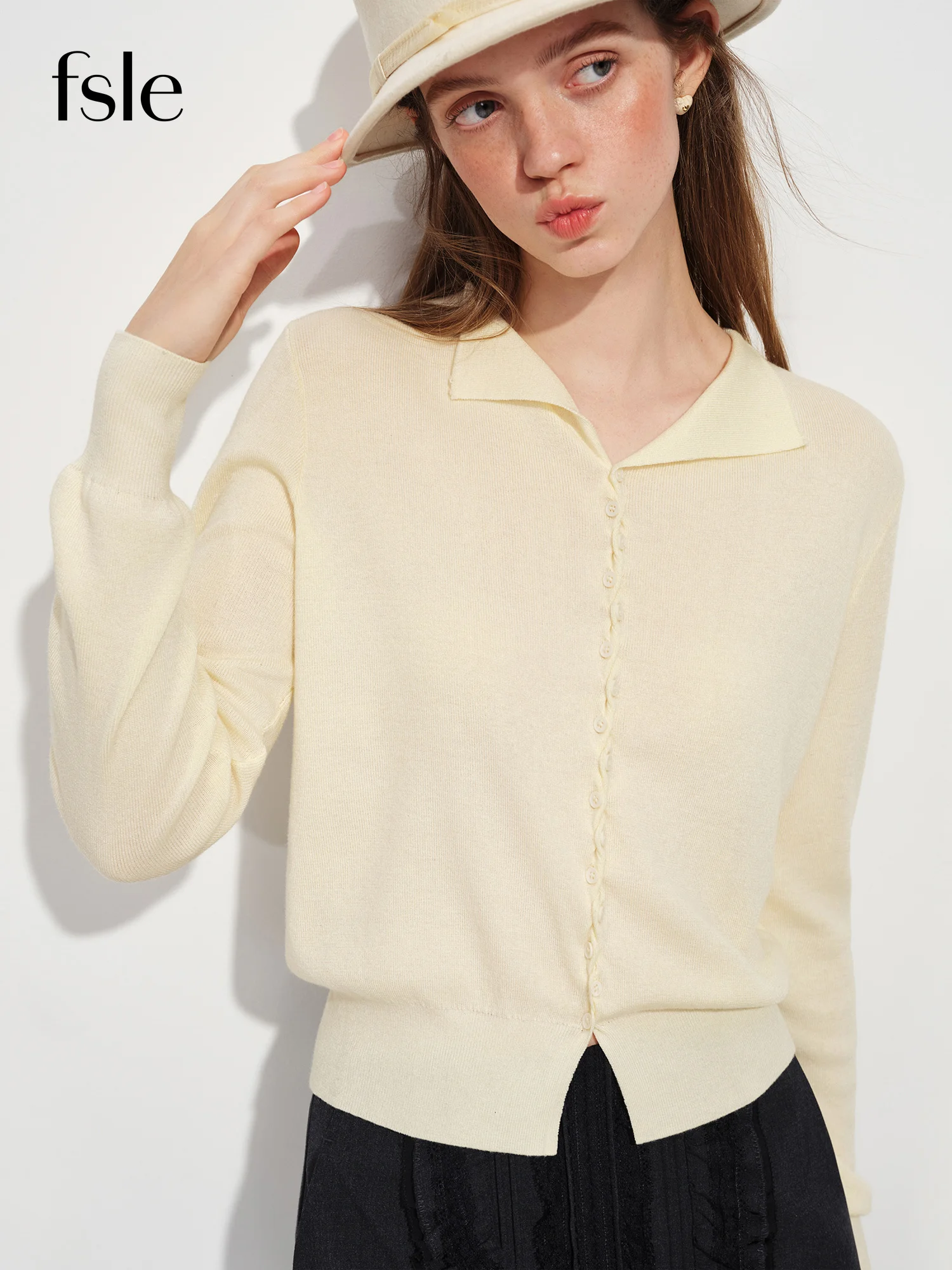 FSLE Gentle Feminine Collared Knit Sweater Women New Spring 2026 Style Cable Knit Placket Design Simple Pullovers Button