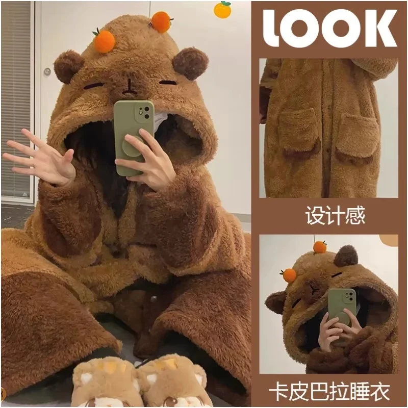 Hot Cute Little Bat And Capybara Winter Pajama Cartoon Soft Home Clothes Jumpsuit Night Robe Cosplay Suit Girls Halloween Gifts