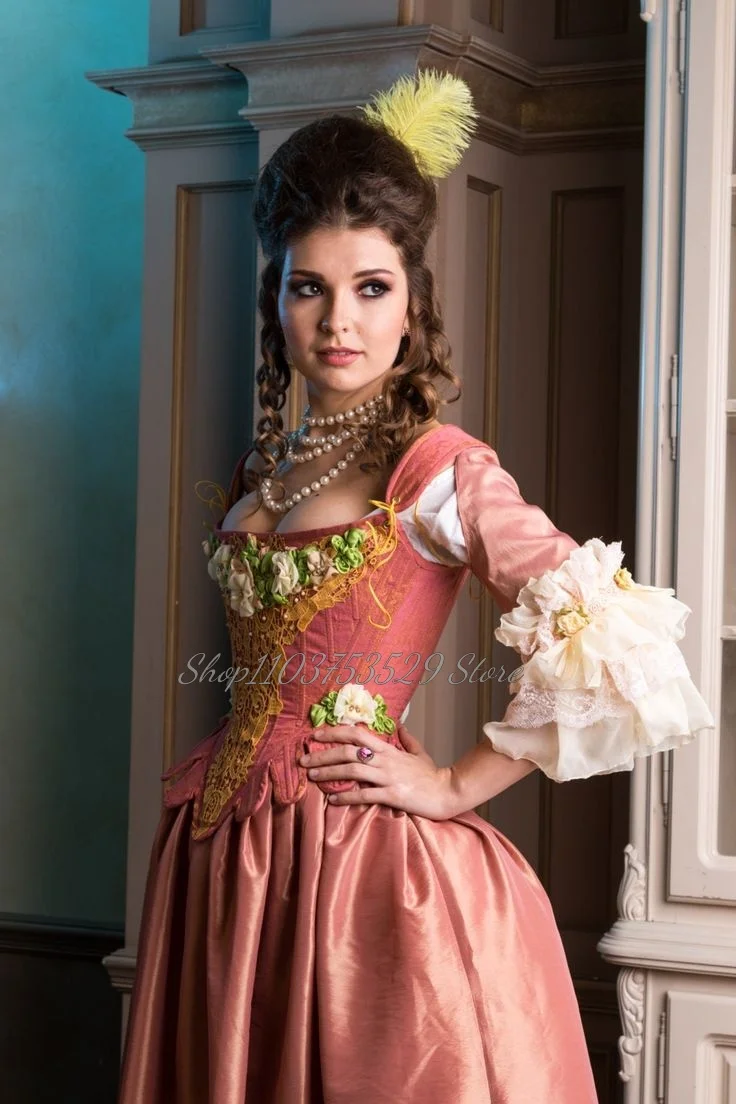 Medieval Classic Bean Sage Prom Dress Vintage Victorian Rococo Half Sleeve Cubic Floral Applique Ruffled Mardi Gras Gowns