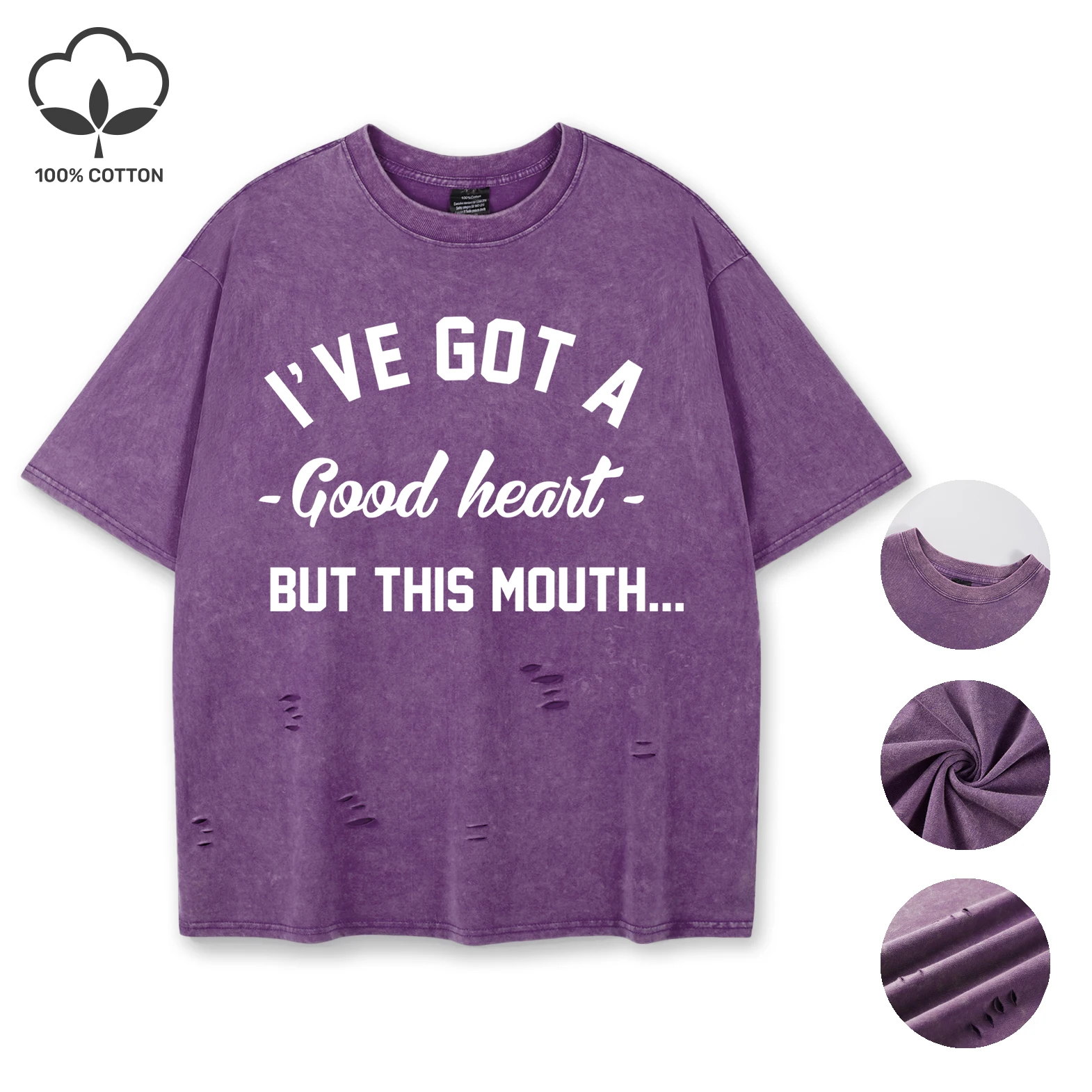

I'Ve Got A Good Heart But This Mouth Art Letter Snow Wash T Shirt Female Summer Casual Tee Unisex Holes Clothes Cotton Tops