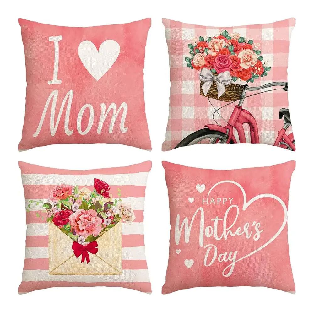 

Happy Mothers Day Pillow Covers 22X22 Set Of 4 Pink Carnation Floral Throw Pillow Covers I Love Mom Cushion Covers Pillow Case