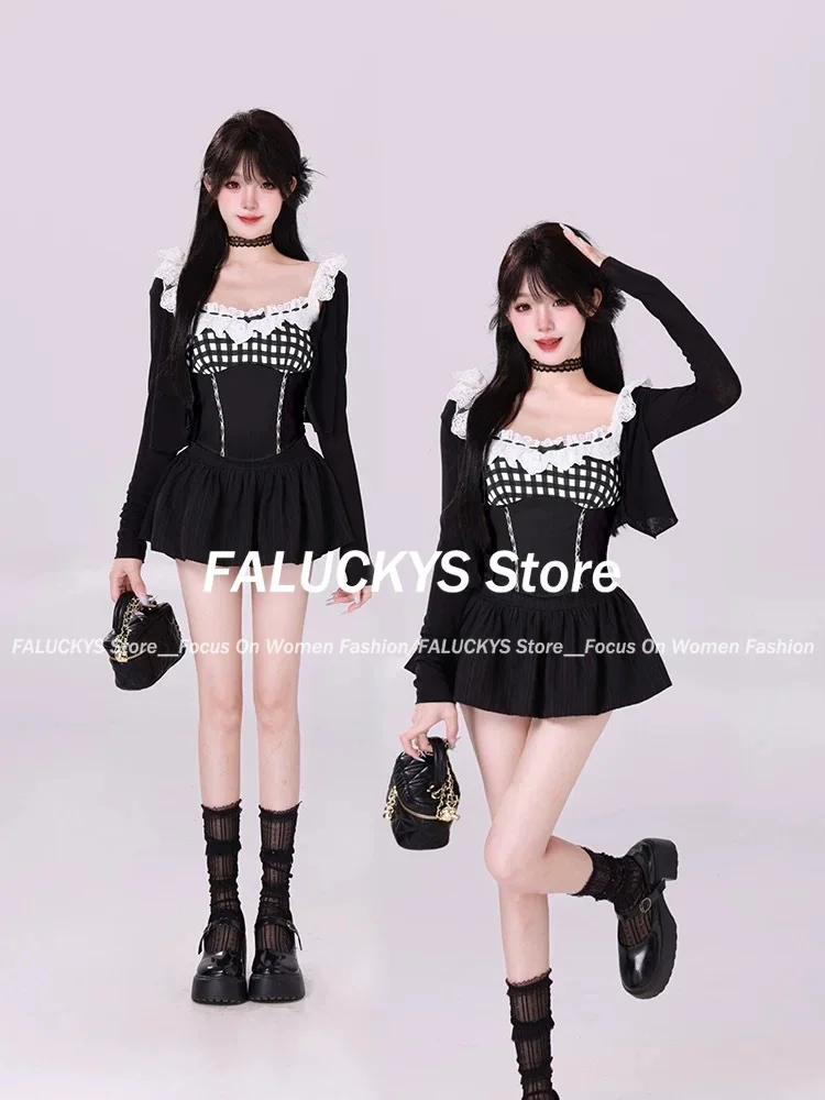 Summer Fashion Sweet 2 Piece Set Women Kawaii Square Neck Lace Plaid Patchwork Tops + Cute High Waist Mini Skirt Female Chothing