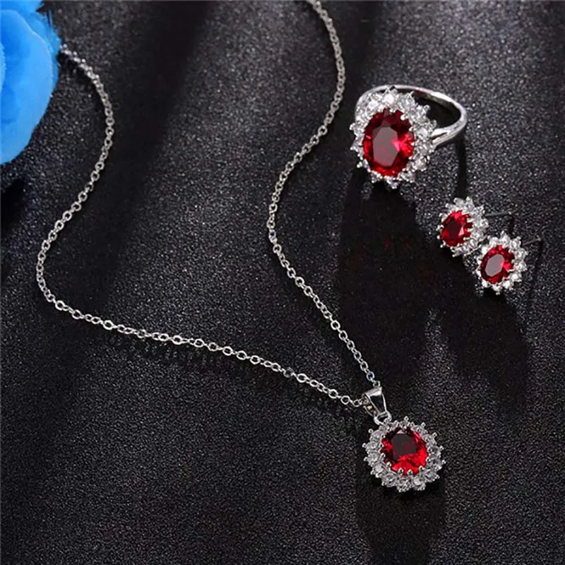 Elegant European And American Queen Sapphire Jewelry Necklace Earrings Ring Zircon Jewelry Set For Women Gift