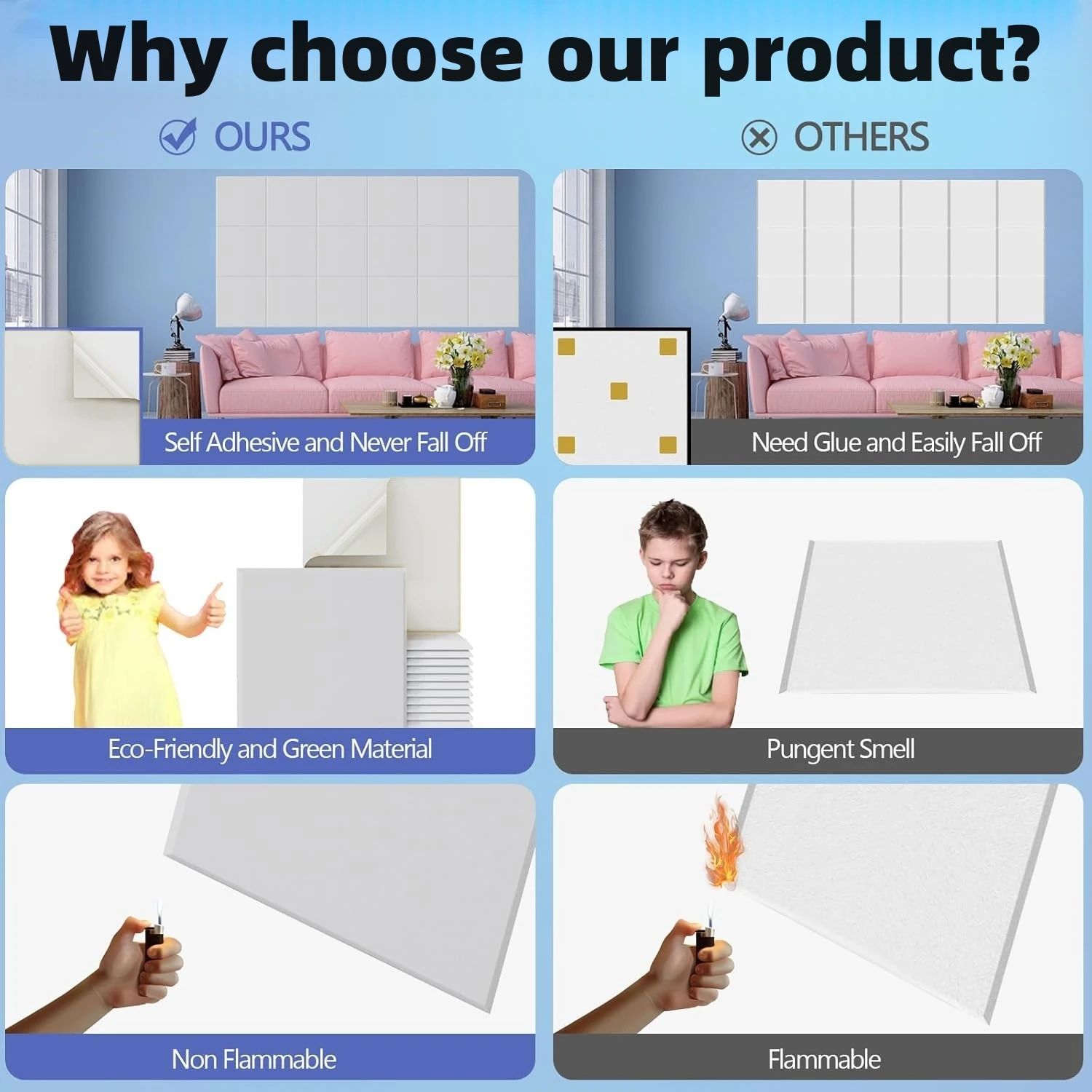 6-12PCS  Large Cork Board Alternative Felt Wall Tiles Self-Adhesive Wall Panels Bulletin Board Pin Board for Office School ﻿