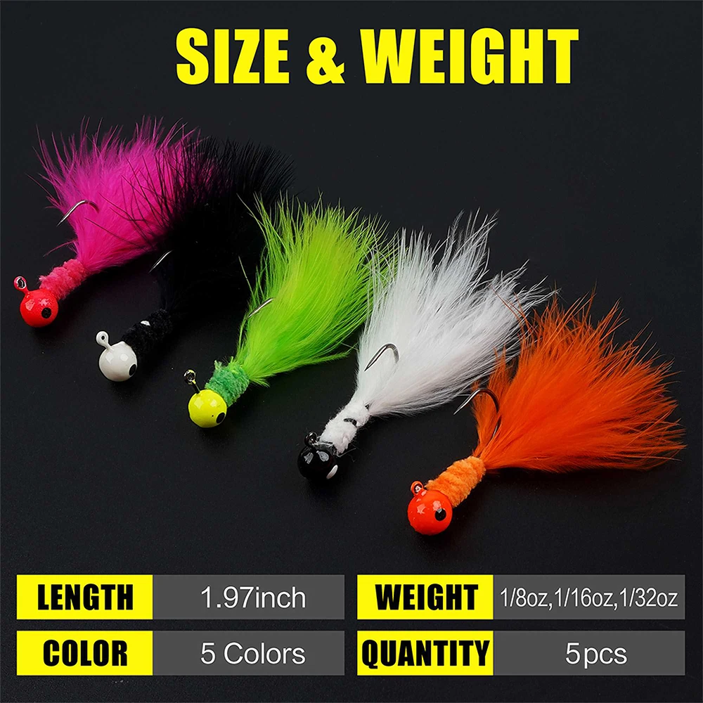 5Pcs Crappie Jigs Fishing Hard Lure Accessory Lead Head Hook Fly Fishing Lures With Feathers For Worm Baits Barbed Hooks