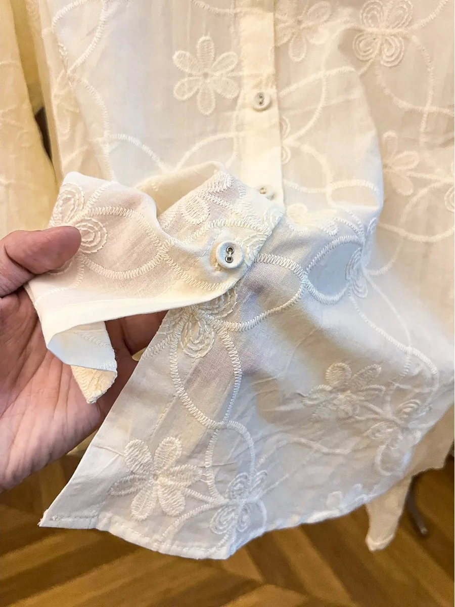 Sweet Sle Loose Fit Cotton irt Women's Pure Color Embroidered Flower Button up Casual Breathable Long Sve  Ne