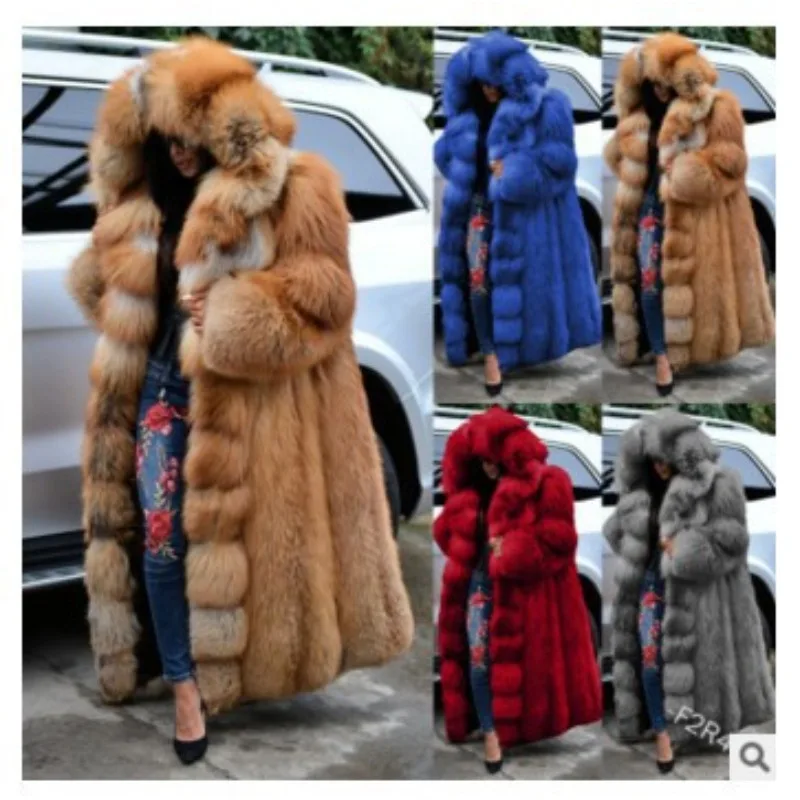 

2023 Winter Super Long Imitation Fur Solid Color Coat Loose Fashionable Warm Thickened Extra Large-Size Hooded Coat