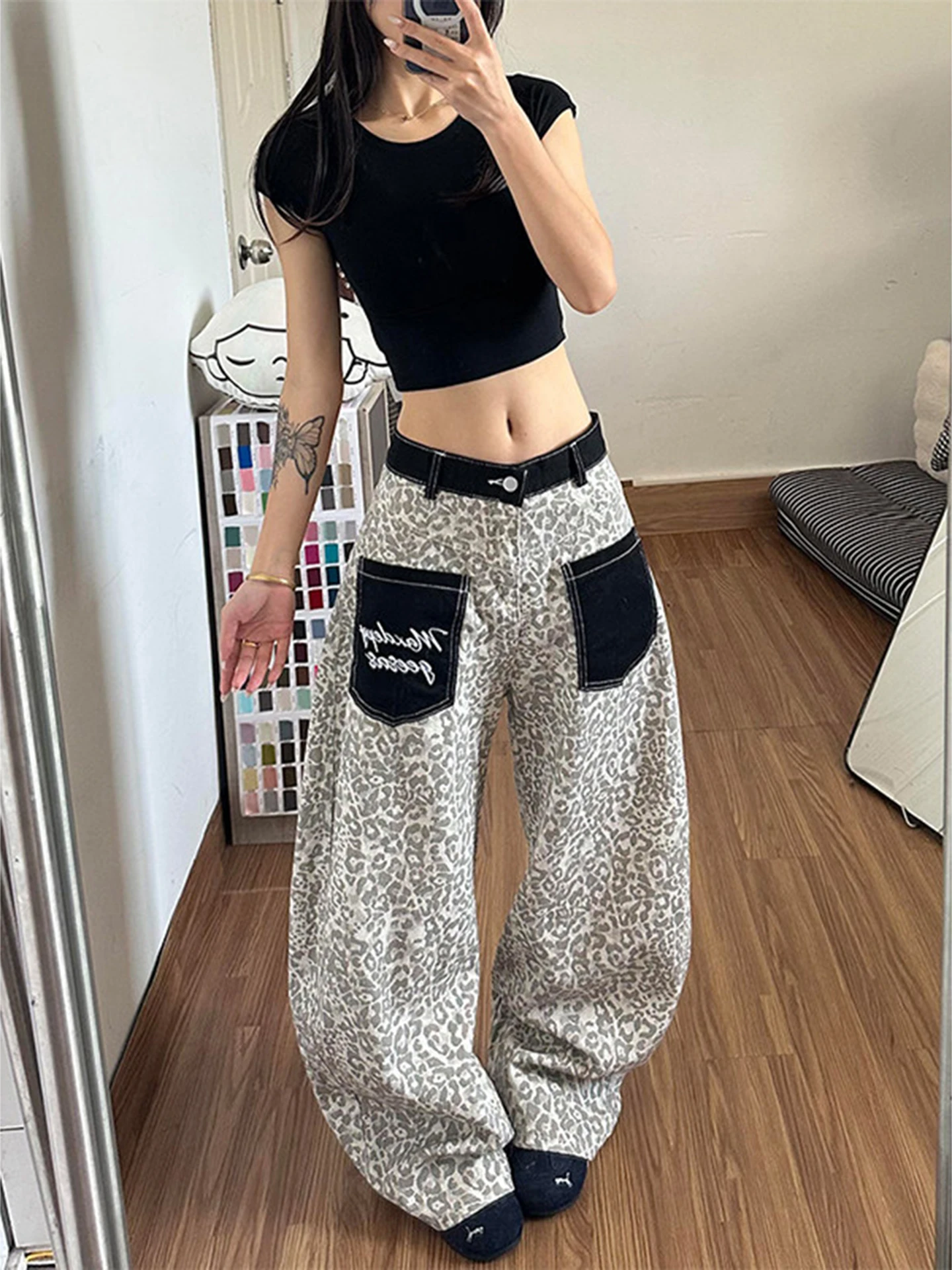 Trendy Straight Leg Wide Leg Pocket Denim Jeans Men's American High Street Design Leopard Print Patchwork Casual Youth Jeans