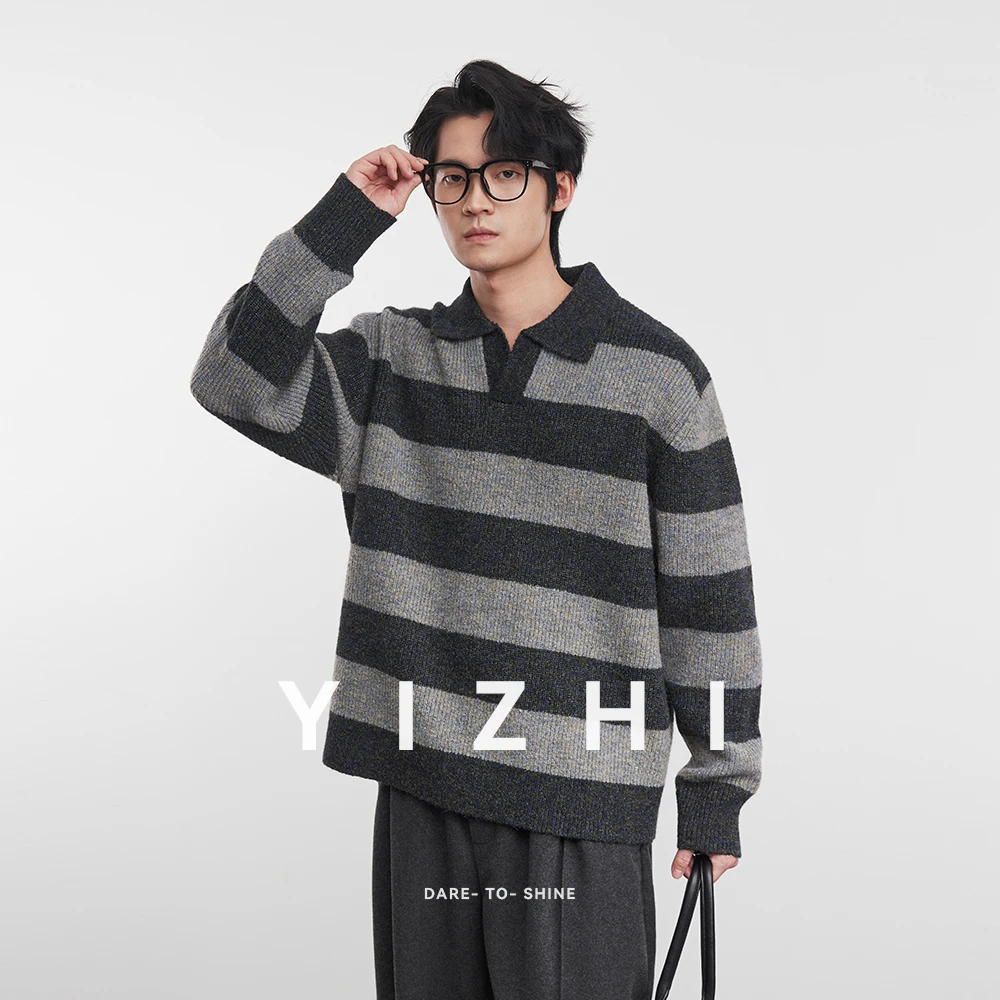 

Модный мужской полосатый свитер с воротником-поло контрастного цвета, свитер, зима 2029, новый мужской свободный повседневный пуловер, топ с длинными рукавами