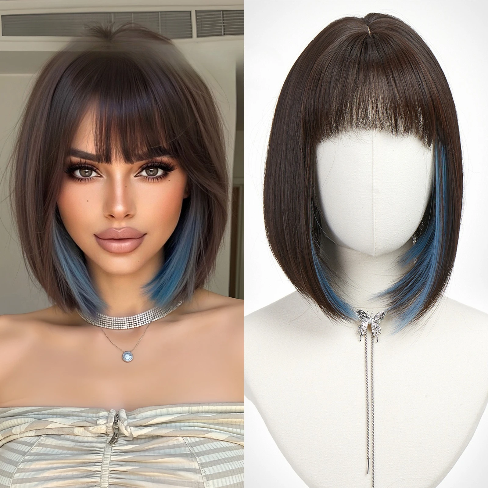

Wig female highlight dye full hood short hair Bobo head natural ear dye red blue