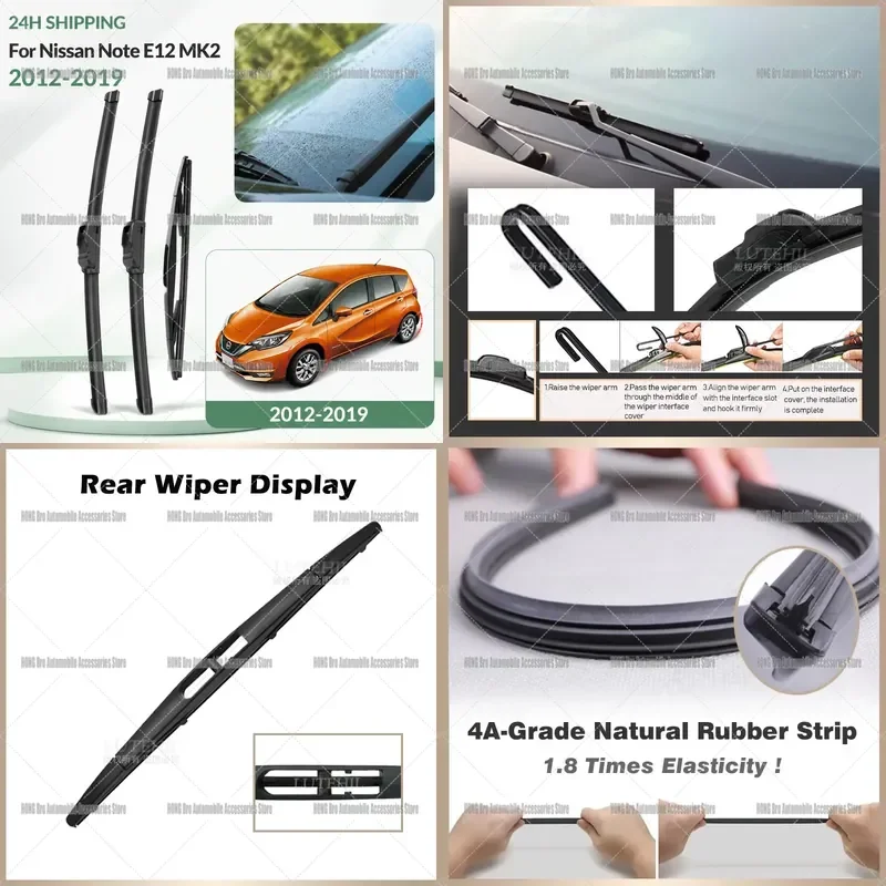For Nissan Note E12 MK2 2012-2019 Front Rear Wiper Blades Windshield Window Rubber Refills 24 14 12 Inch Auto Accessories