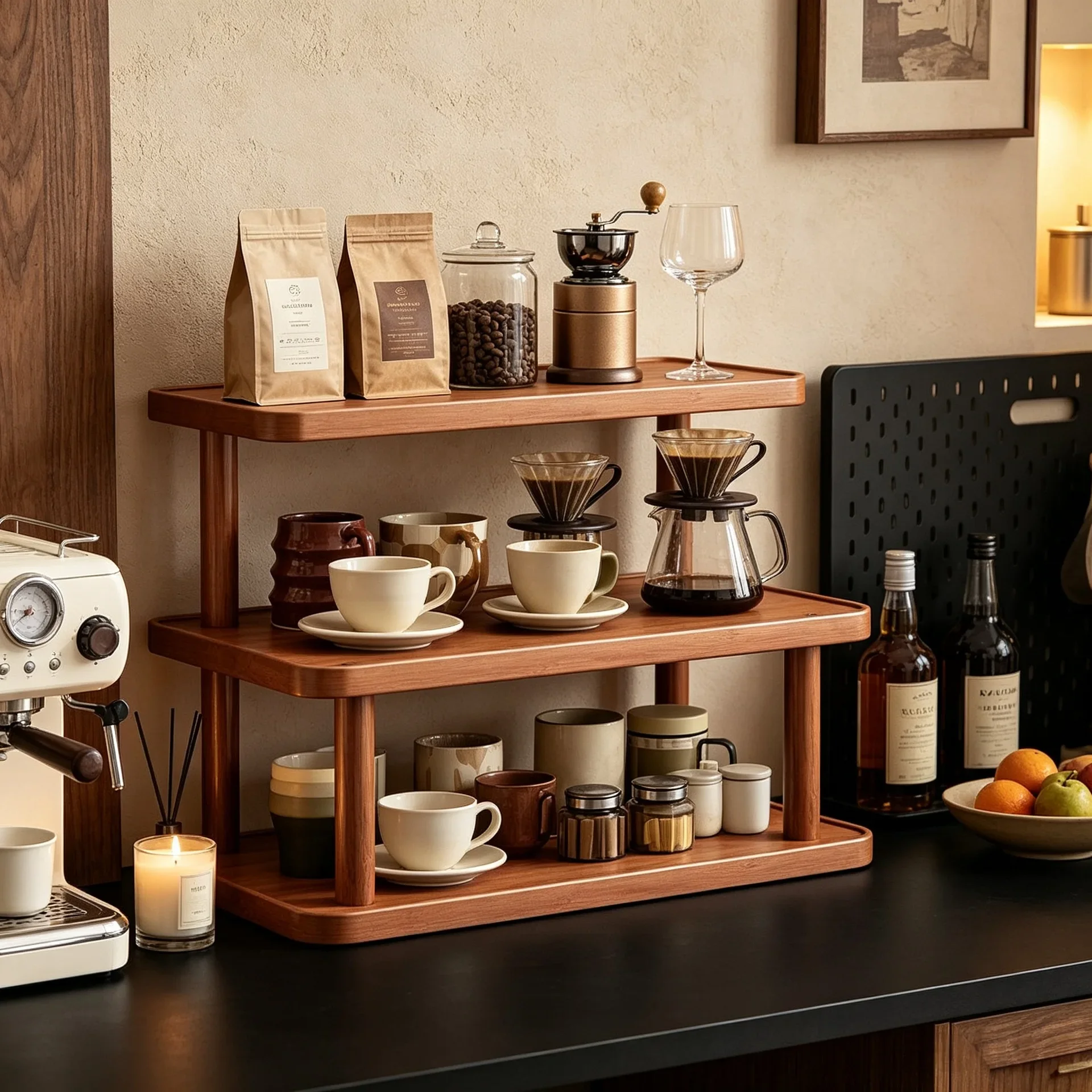 Solid wood desktop rack, coffee machine storage rack, tea set, hand-brewed coffee corner cup, countertop Bogu rack, wooden frame