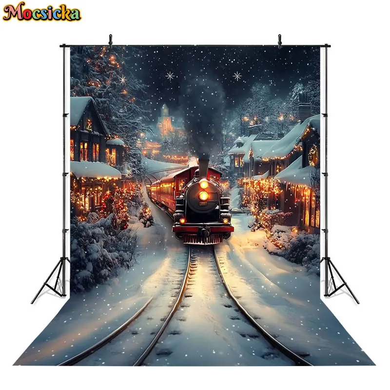 Mocsicka クリスマストレイン背景写真機関車ハウスギフト冬雪の木の装飾子供ベビー背景写真スタジオ