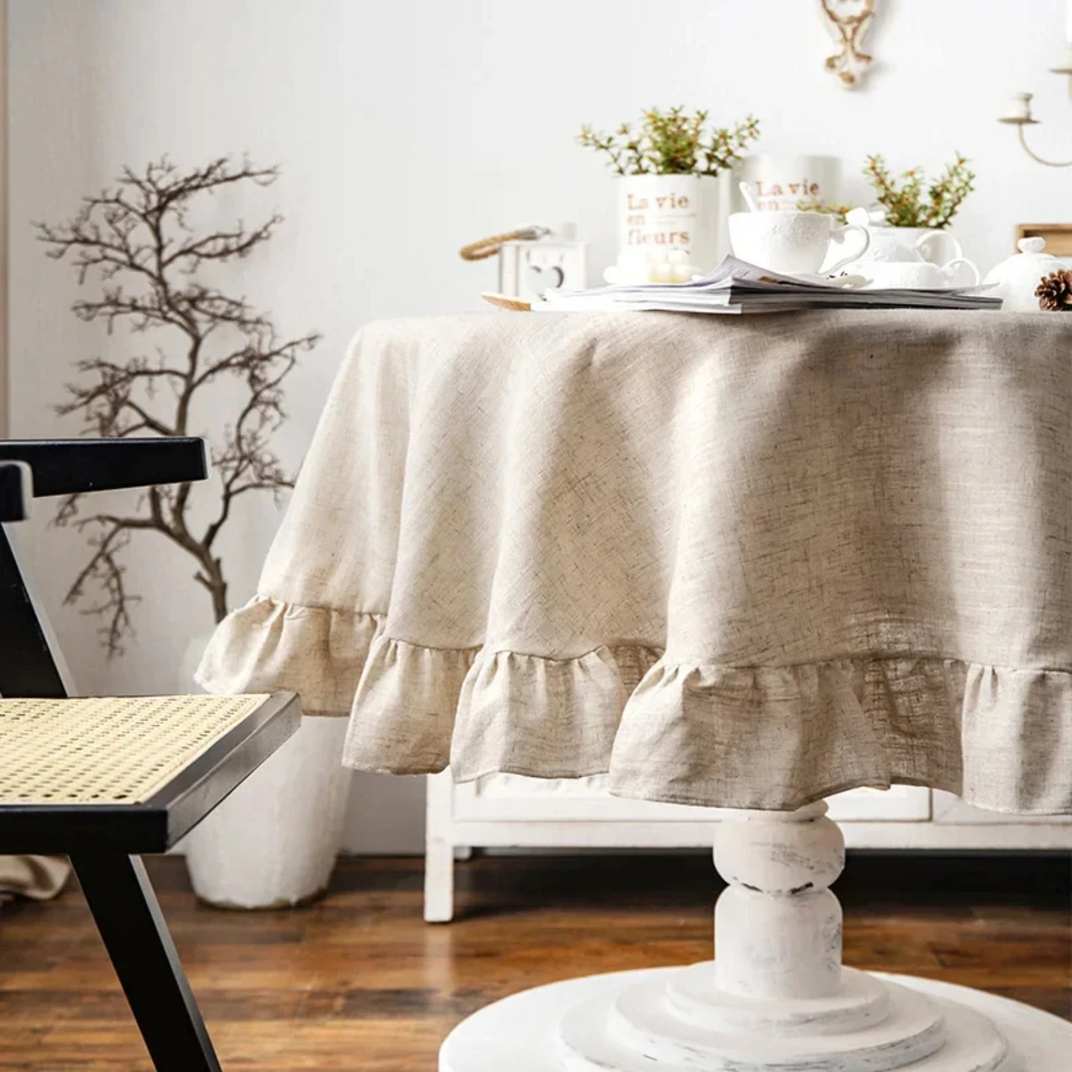 Stunningly beautiful vintage French romantic ruffle cotton linen tablecloth, perfect for American round tea table. Exuding elega