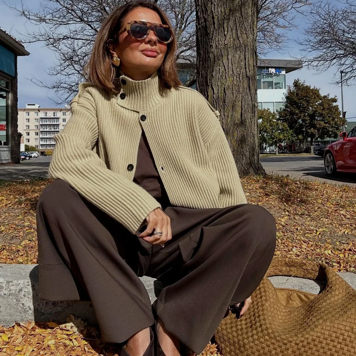 

Casual Knit Women's Jacket Autumn Winter Fashion Loose High-Neck Single-Breasted Cardigan Solid Color Sweater Coat