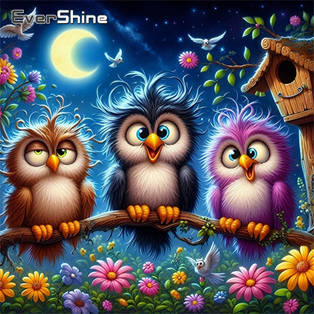 Evershine Diamantmalerei Vogel Stickerei Tier Vollquadrat-Stickerei Gänseblümchen Strasssteine Nacht Mond Heimdekoration
