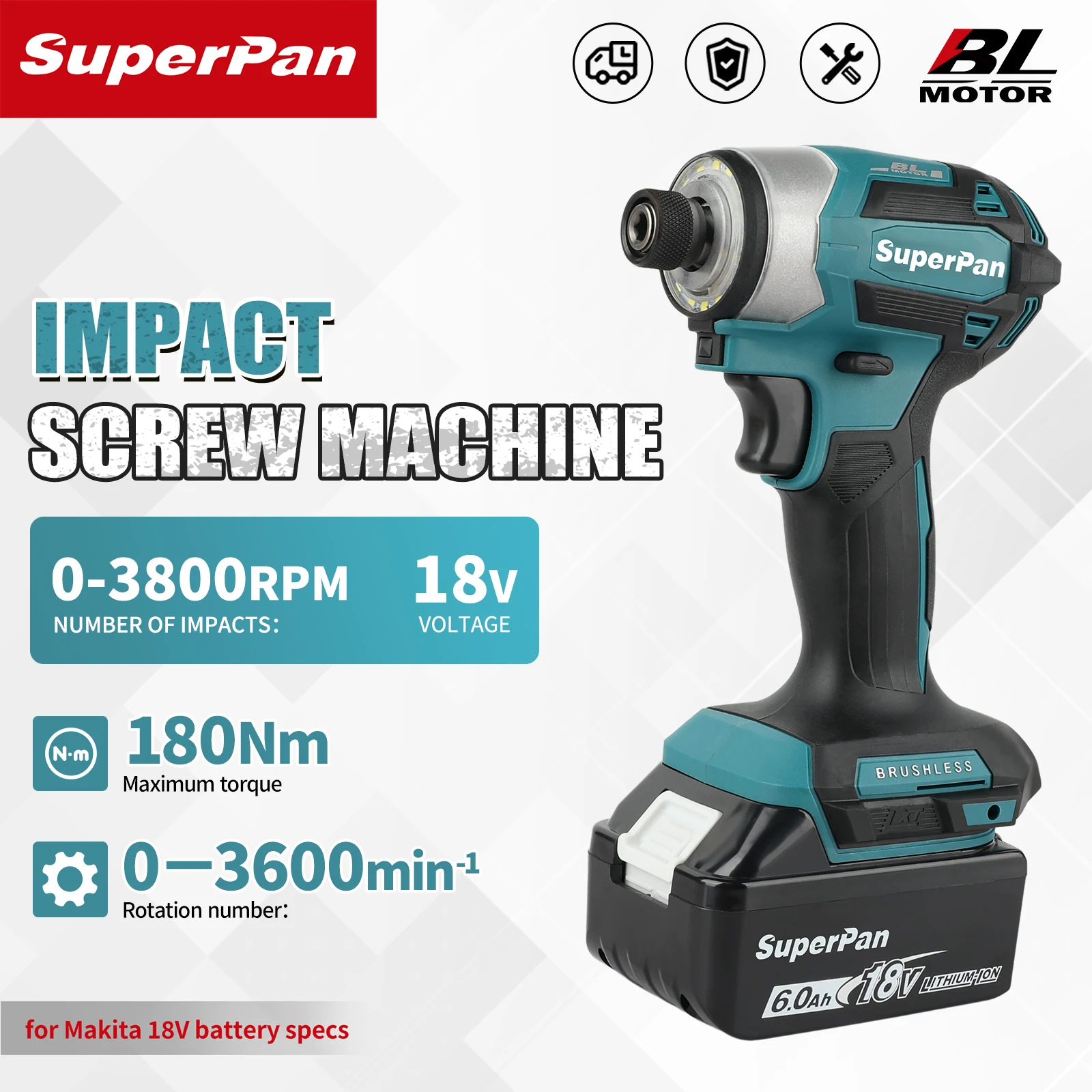 

Super Pan 18V Cordless Brushless Impact Driver 180Nm High Torque 0-3800RPM Fits Makita 18V battery specs DTD173