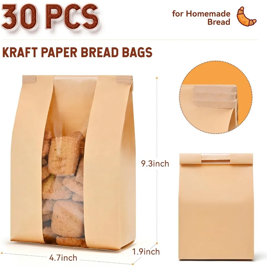 30 كيسًا كبيرًا للخبز قابل لإعادة الاستخدام مع نافذة وأكياس ورقية لربط التعادل من القصدير لتخزين عبوات المواد الغذائية والخبز المخمر محلي الصنع #2