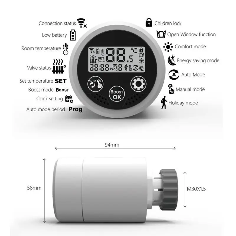 Tuya ZigBee 3.0 Smart Programmable TRV Radiator Actuator Thermostat Radiator Valve Temperature Controller with Alexa Google Home