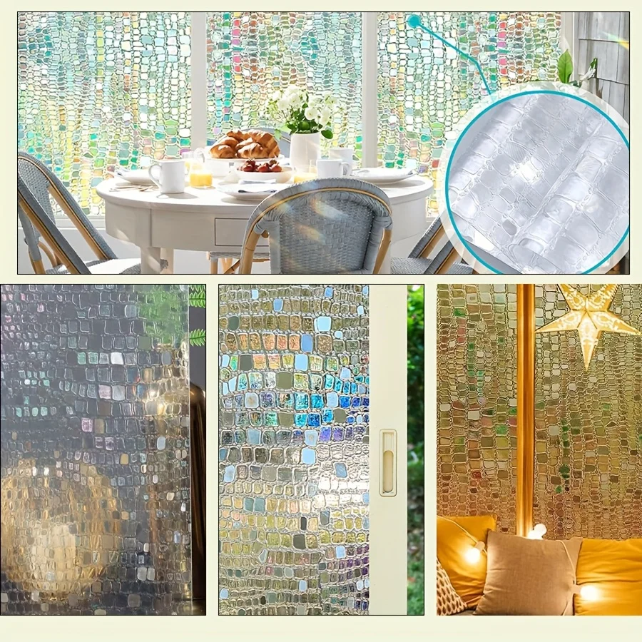 Vintage Diamond Cut Embossed Glass Privacy Window Film Static Cling No Glue Removable Rainbow Prism for Bathroom Kitchen Office