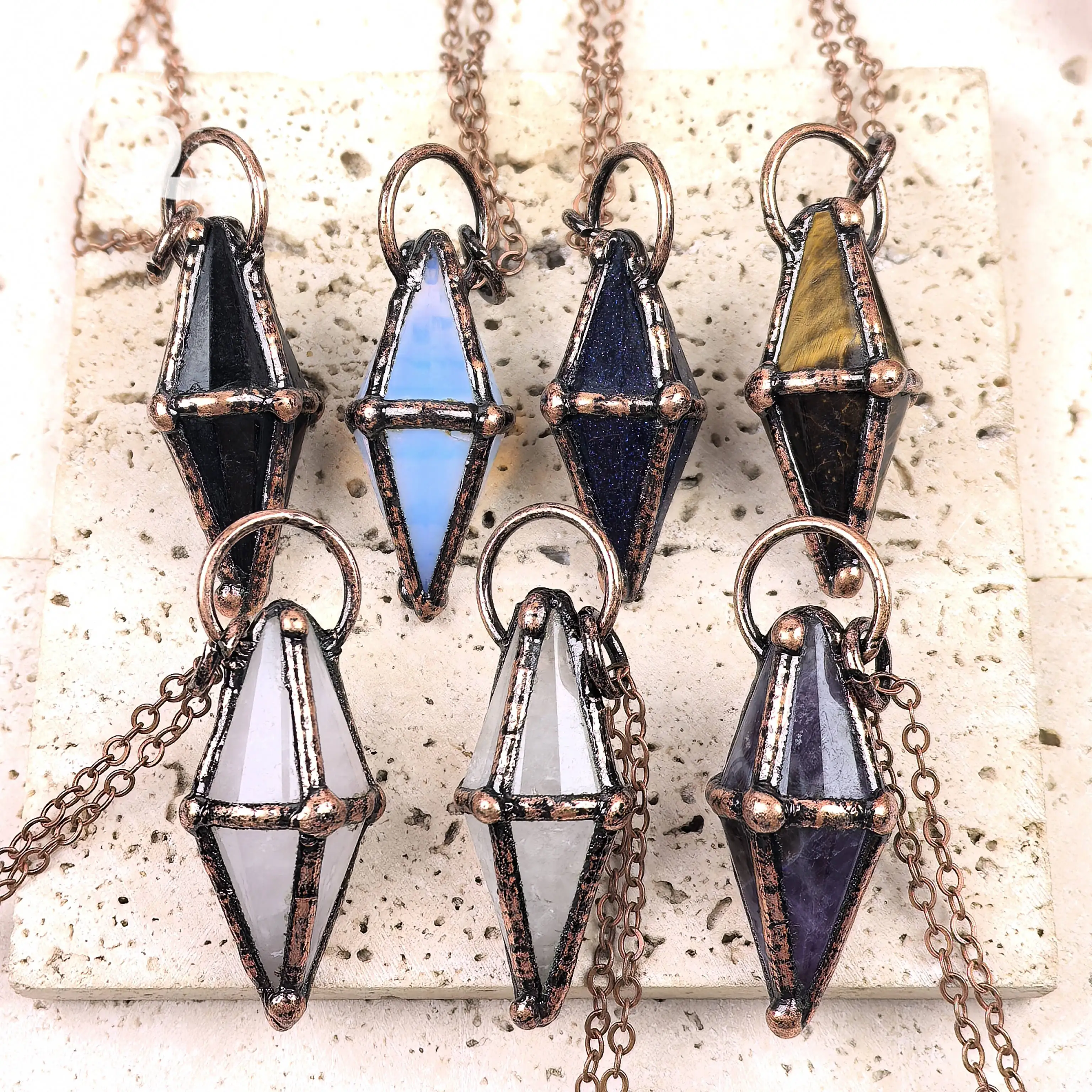 

Cone Gemstone Soldered Bronze Pendants Antique Copper Chakra Crystal Quartz Necklaces Charms Pendulum Retro Brass Jewelry QC3458