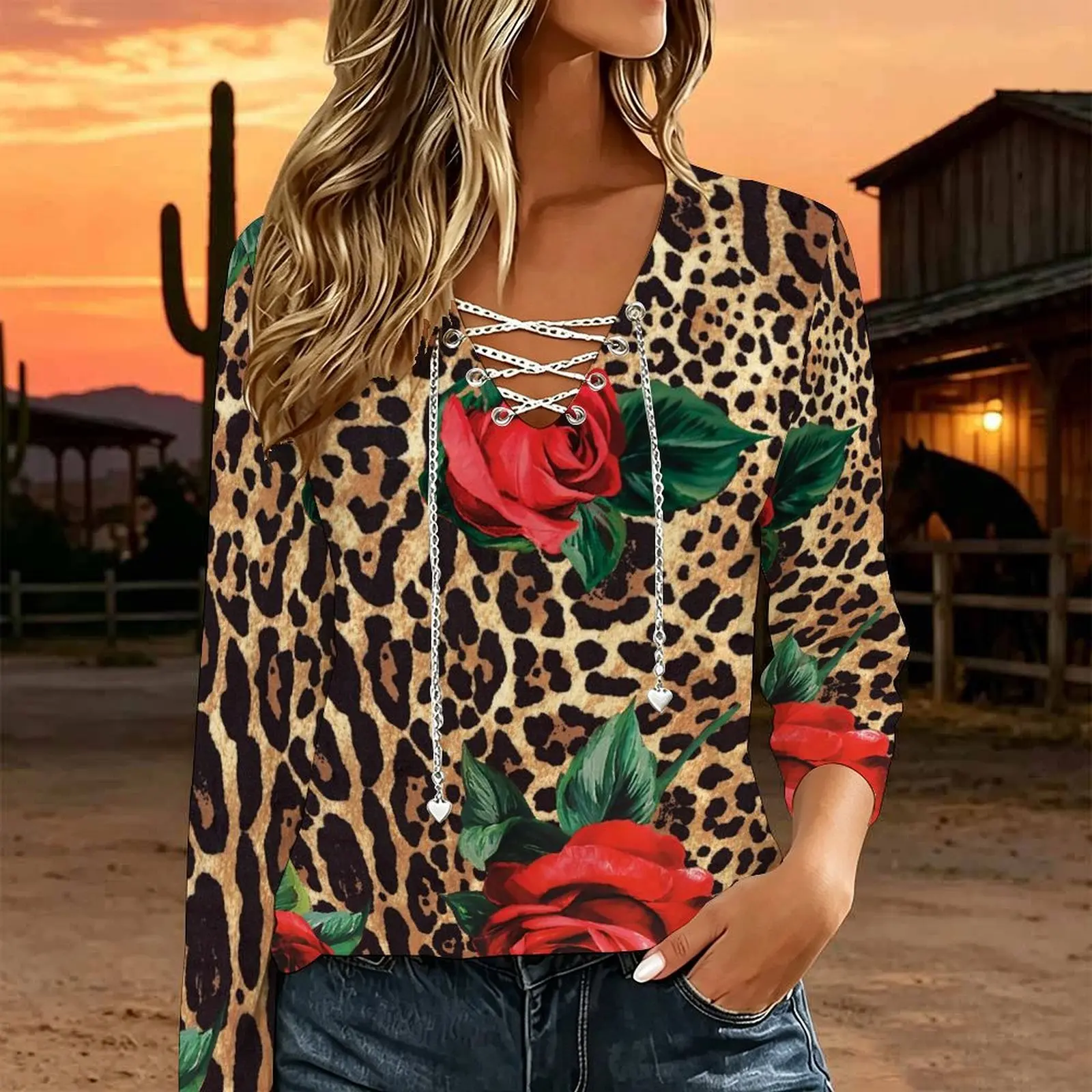 Women V Neck Long Sleeve Top Metal Chain Criss Cross Lace Up Cutout Loose Casual Blouse Custom Print Ladies Western Style Tee