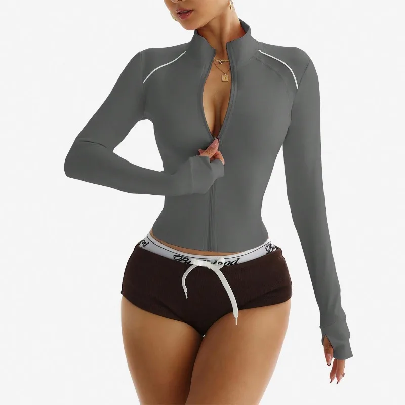 سترة اليوغا النسائية كتلة اللون البريدي الأمامي اقتصاص سترة طويلة الأكمام اللياقة البدنية أعلى الخصر Cinching عارضة أنيقة الرياضة إلى طبقة الشارع #5