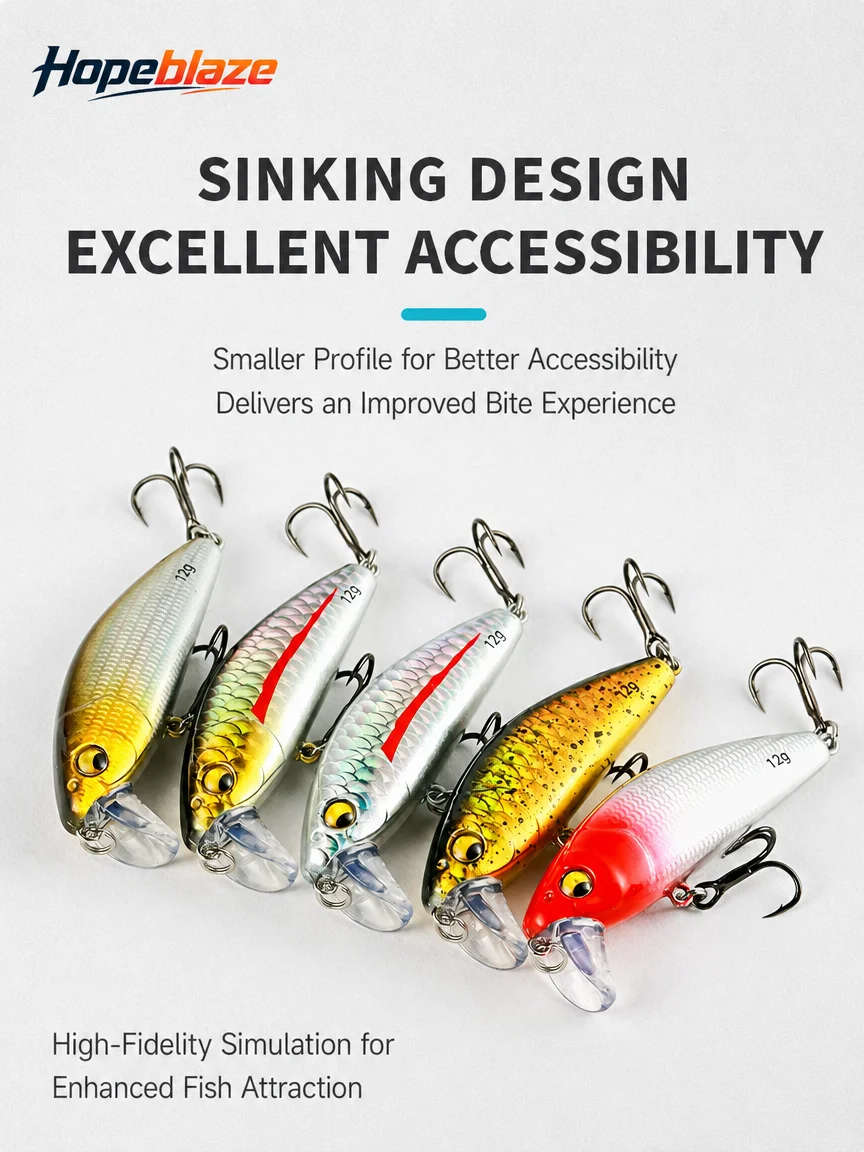 Hopeblaze UU Fish Sinking Minnow Hard Bait Zero‑Resistance Startup Wobble, 4X Strong Hook, Fixed Water Layer Retrieve Lure