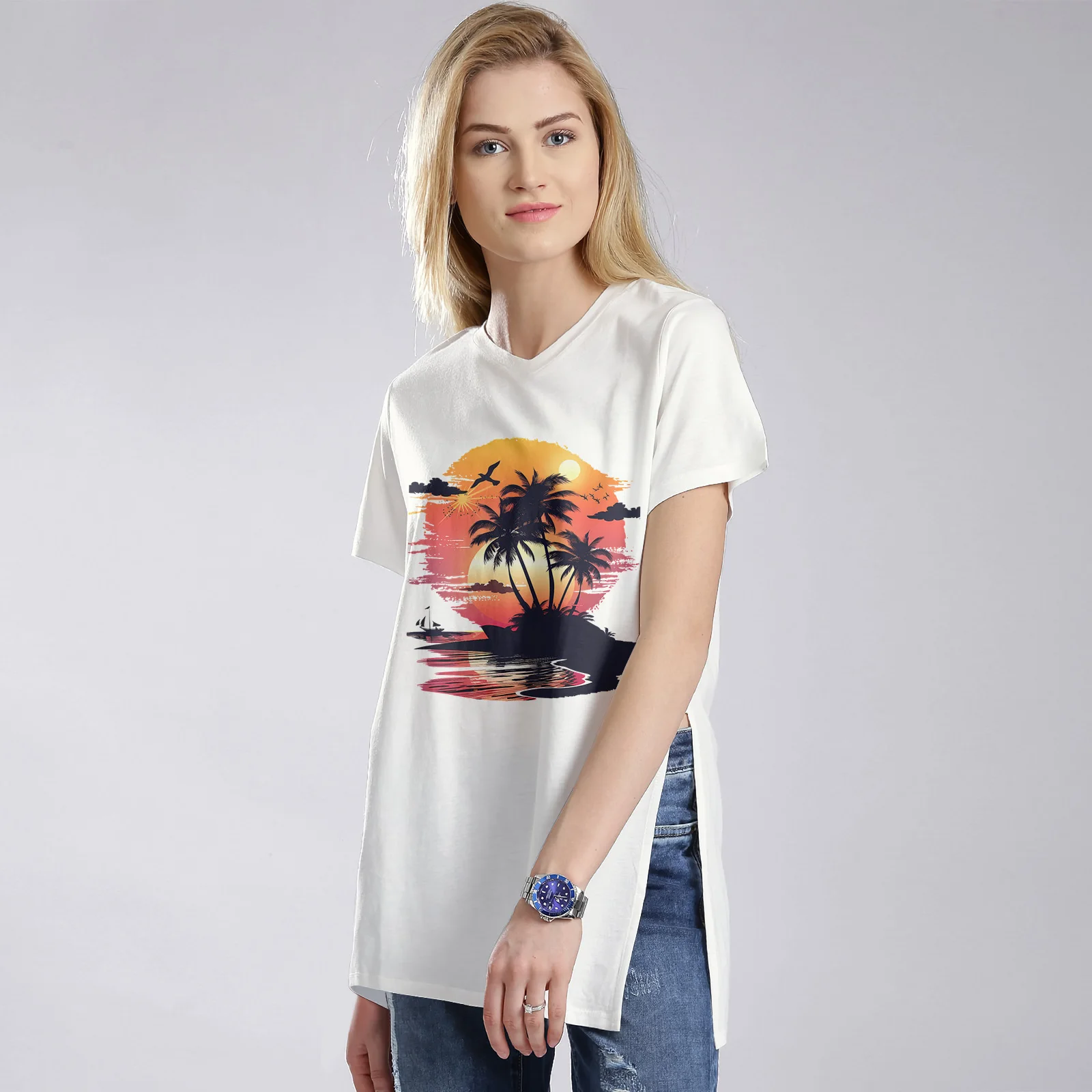 Fseonihk-Camiseta con cuello en V y abertura lateral para Mujer, camiseta De moda americana De la serie Get Away, Ropa De verano para Mujer