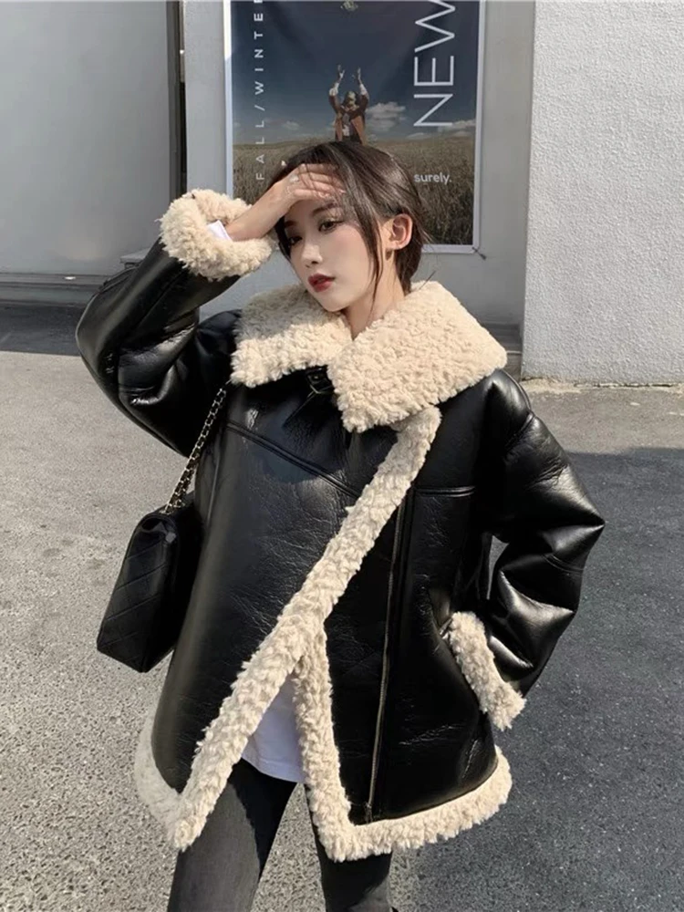 Black PU Leather One Piece Motorcycle Wear Lamb Wool Coat Women's Autumn Winter New Korean Loose Plush Coat