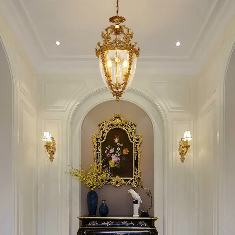Antique Brass Candle Pendant Lamp Bronze Lantern Lighting Hotel Lobby Hanging Luxury Glass Chandelier Lights