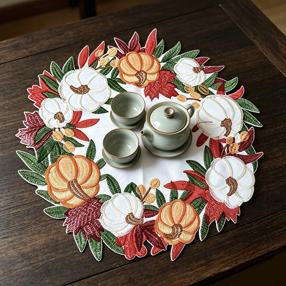 Pumpkin Wreath Embroidered Placemat Large Cutwork Table Mat Thanksgiving Fall Harvest Maple Leaves Farmhouse Kitchen Decor