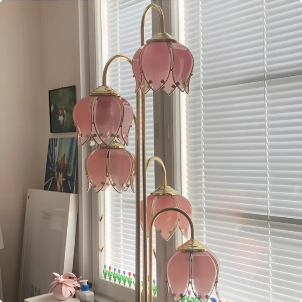 Pink tulip lotus iron art glass LED floor lamp 5-lamp modern design