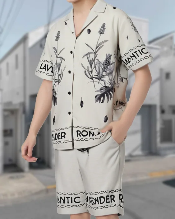 

Men's Lavender Print Casual Set 2 Piece Cuban Collar Short Sleeve Shirt & Drawstring Shorts Outfit