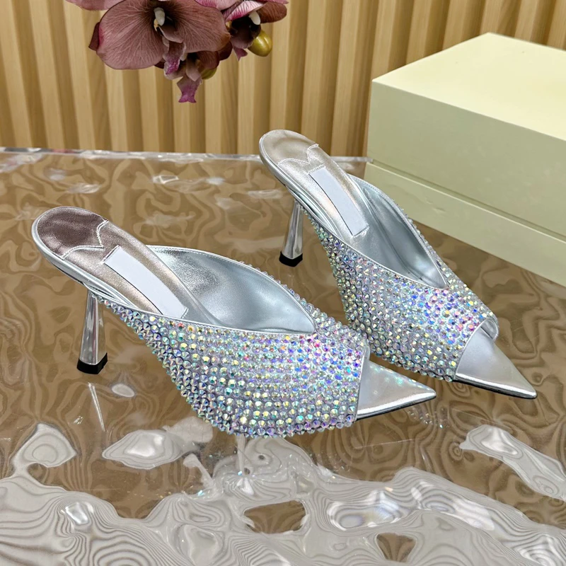 Full Pearl Decor Fairy Shoe Open Pointed Toe High Heel Wearing Slipper for Women Summer Sexy Slim Heel Party Banquet Sandal Shoe