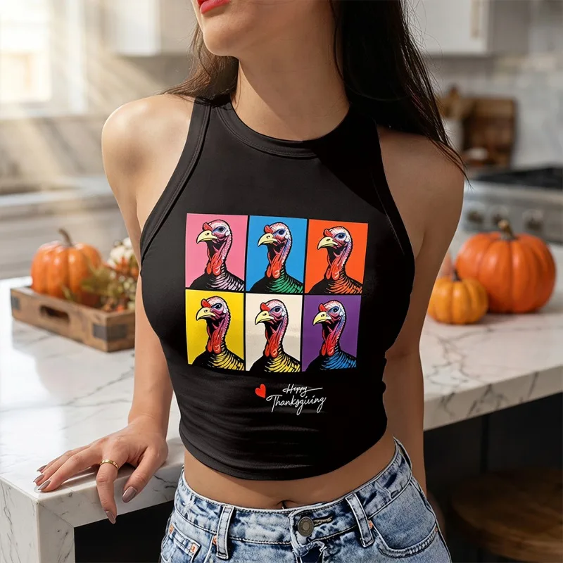 Women's Sleeveless Halter Neck Cropped Tank Top Turkey Print Thanksgiving Holiday Streetwear Slim Fit Vest