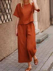 2024 New Top  Pants Casual Set Loose Solid Color Shirt And Pants Cotton Linen Two Piece Set S-5XL Conjuntos De Verano Para Mujer