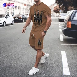 TIDESHEC Harajuku T-Shirt Set Men 2023 Summer Dog Letter Print T-Shirt and Shorts Hip Hop Street Loose Wash Top T-Shirt