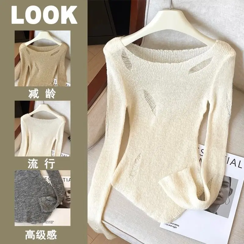 

Minimalist Commuti Summer New Women's Solid Hollow Out Hole Long Sleeve Sunscreen Clothing Knitted Poncho Crew Neck T-shirt Tops