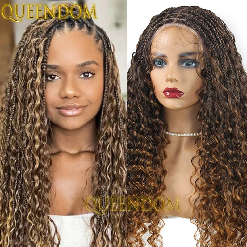 Full Lace Synthetic Bohemian Wave Braid Wig 24 Inch Box Braids Goddess Wig with Curly Ends Knotless Crochet Cornrow Braided Wig