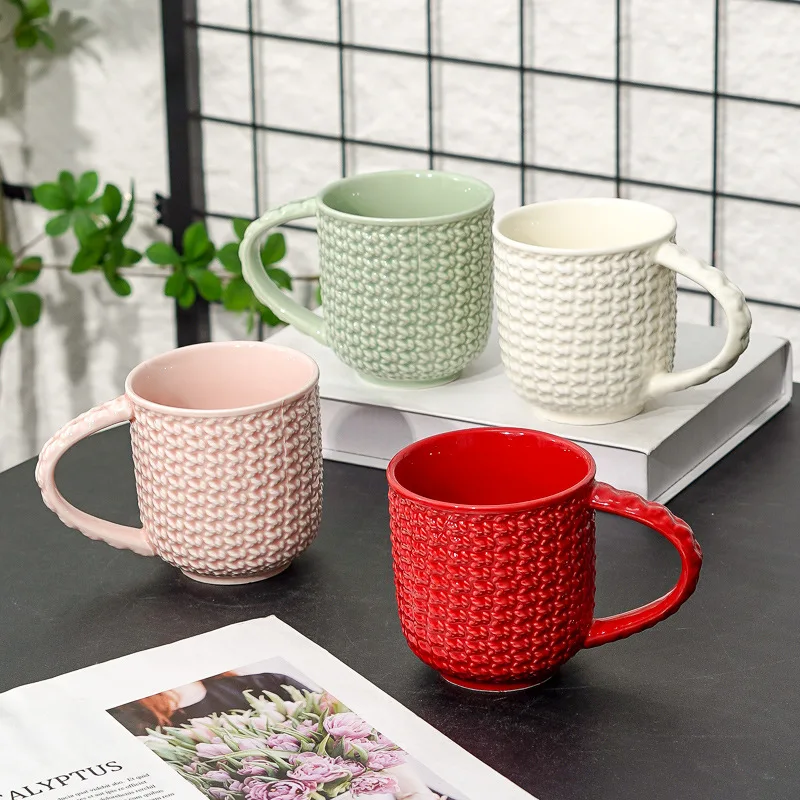 Modern knitted plaid ceramic coffee cup solid color sweater pattern ceramic tea cup modern breakfast milk mug couple's water cup