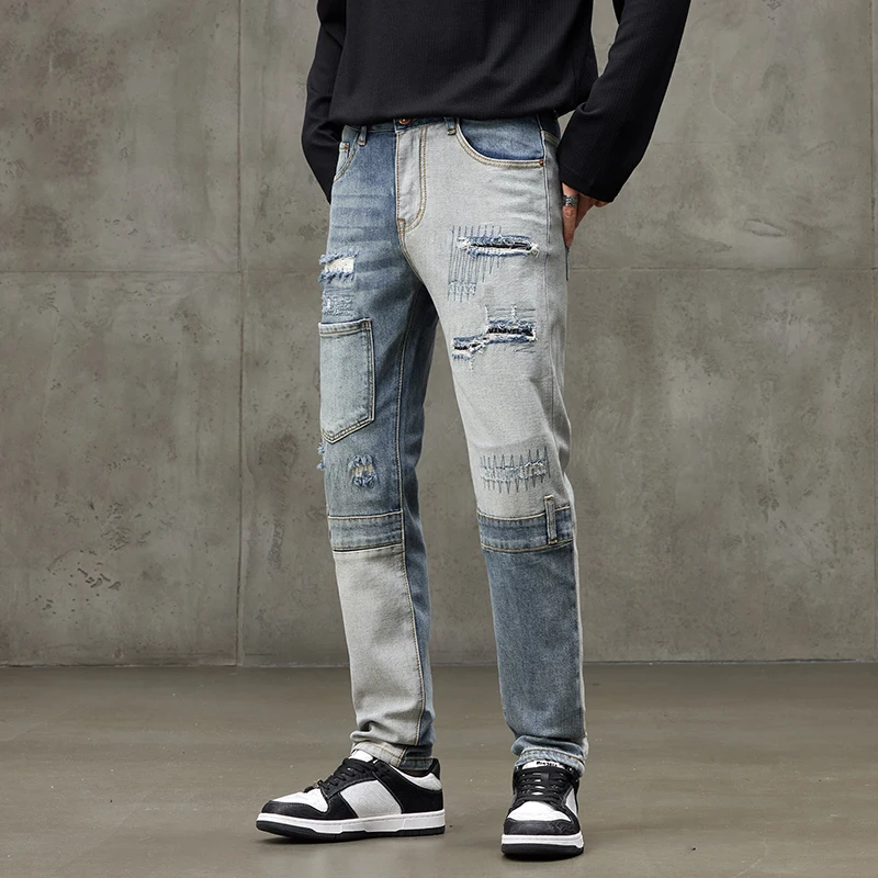 Tide needle sewing jeans men patch patch Slim small straight leg pants heavy embroidery gang handsome personality pants