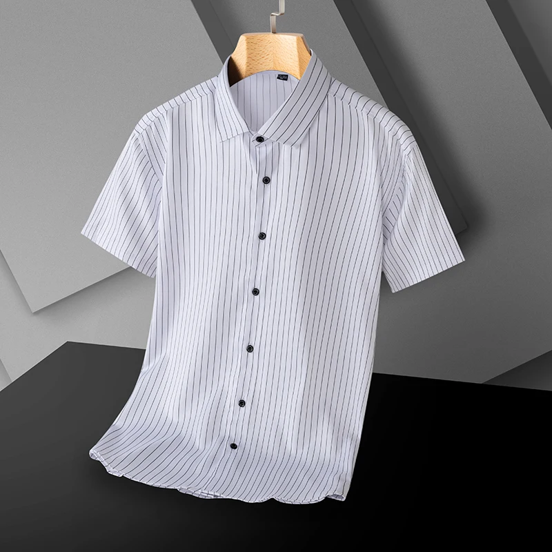 Short sleeve shirts for men summer elastic slim fit formal solid color shirt black white shirt thin office refular fit clothing