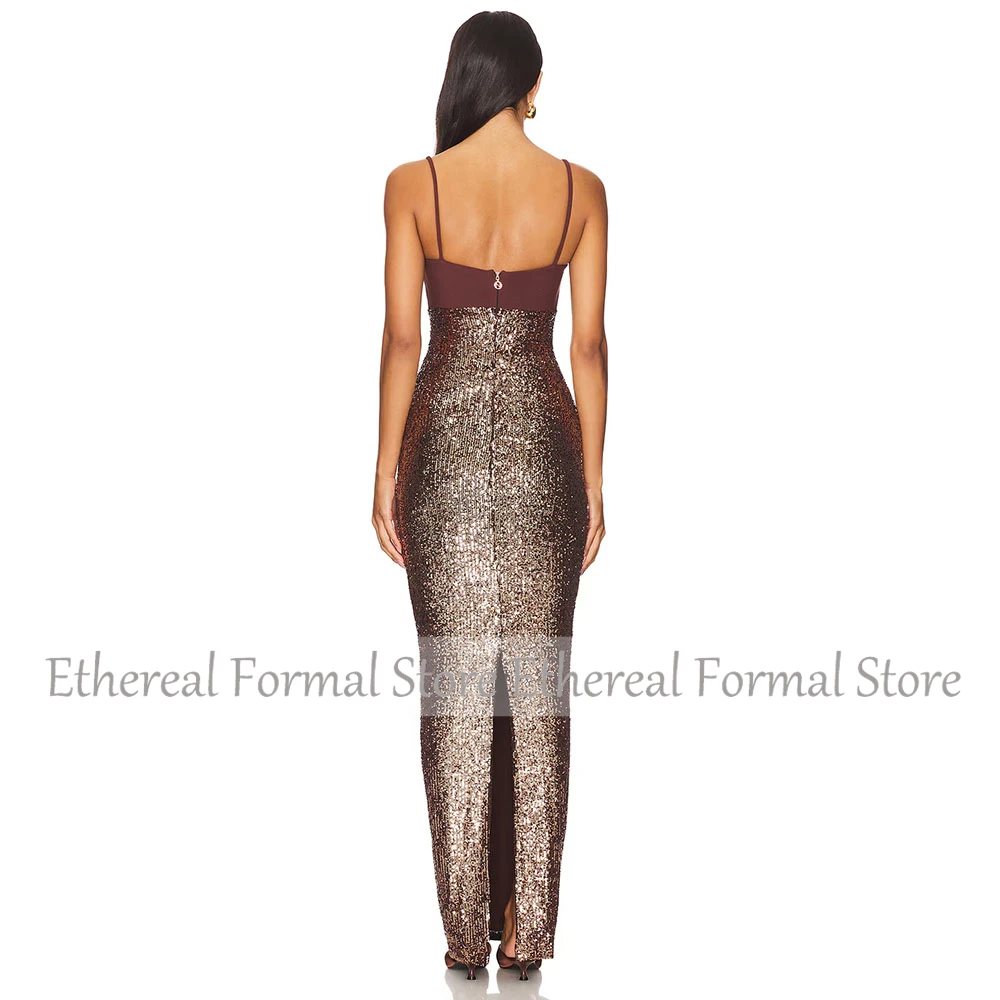 ثوب مسائي حديث مزين بالترتر البني لحفلات الزفاف حورية البحر السباغيتي الأشرطة فستان رسمي للحفلات طول الأرض بدون أكمام فستان سعودي