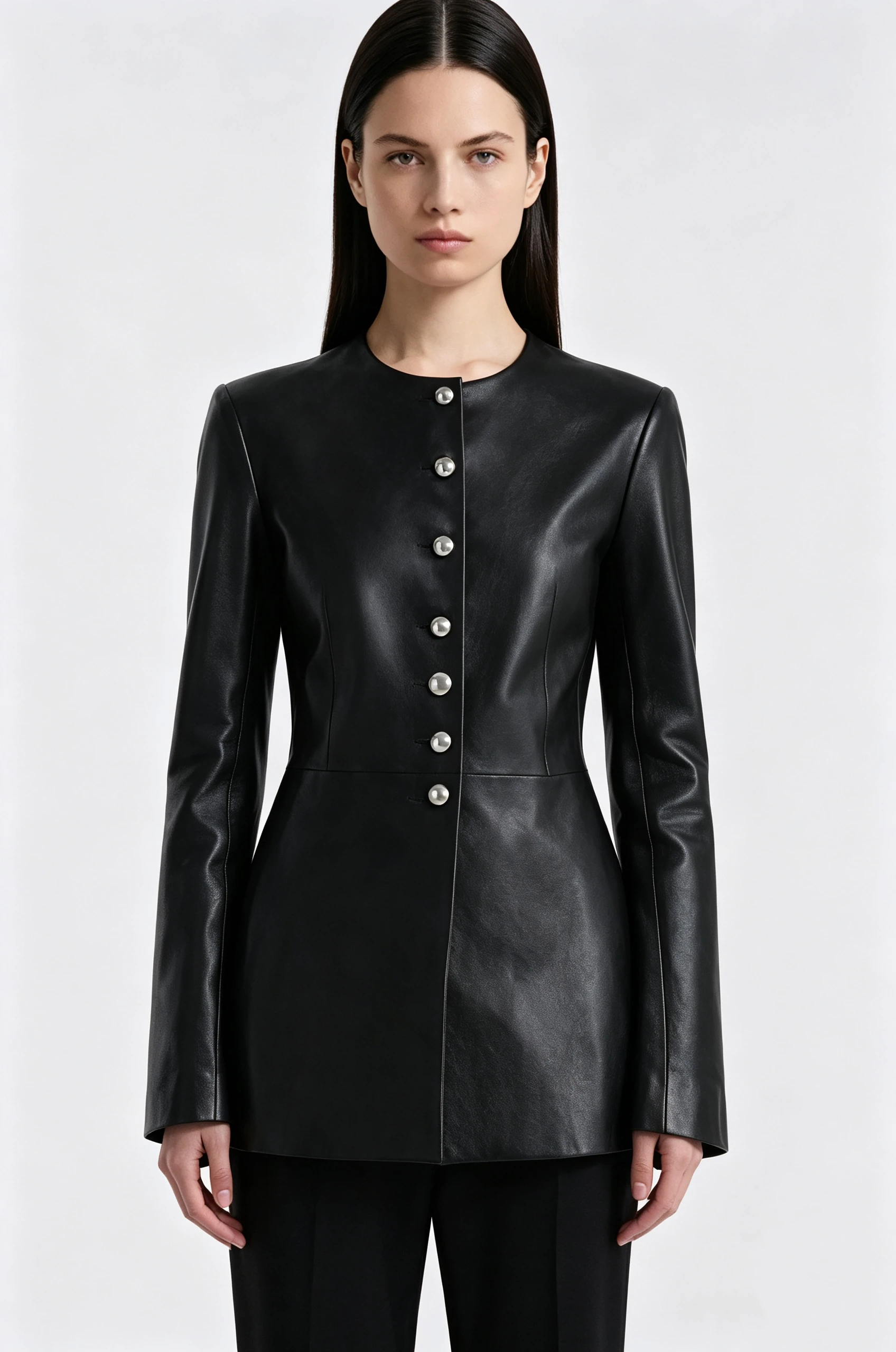 Luxury Black Nappa Leather Jacket with Collarless Neck and Silver Button Front